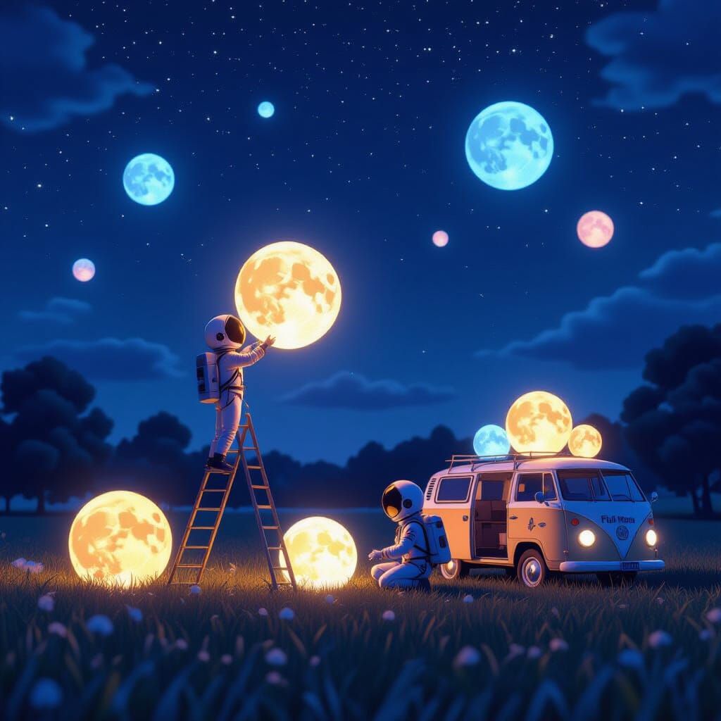 Astronauts with Glowing Moon in Dreamlike 3D Anime Art