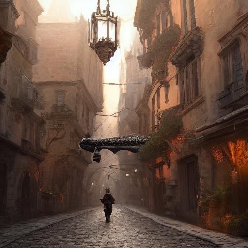 Medieval Swordsman Walks Down Dark Street, Detailed Matte Pa...