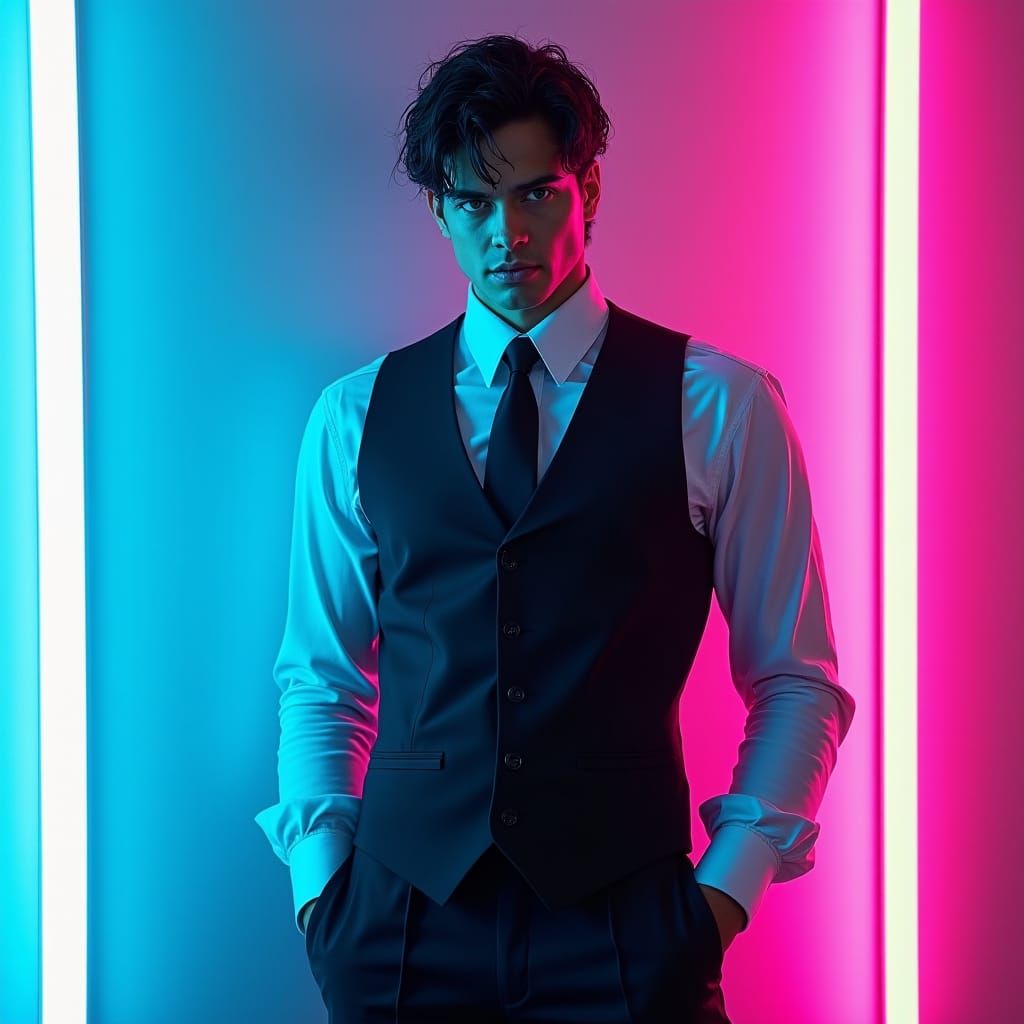 Servant in Dark Attire with Neon Background