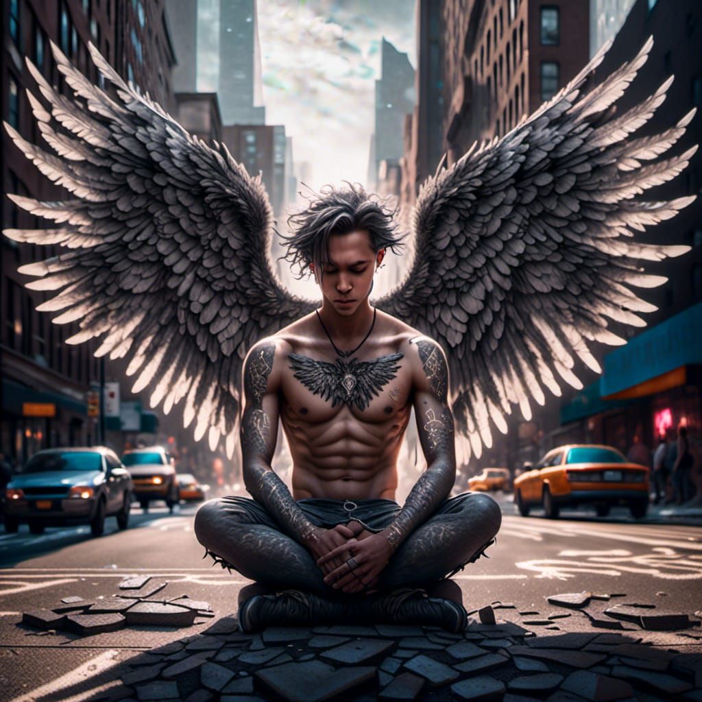 Despairing Angel with Runic Tattoos in Cityscape