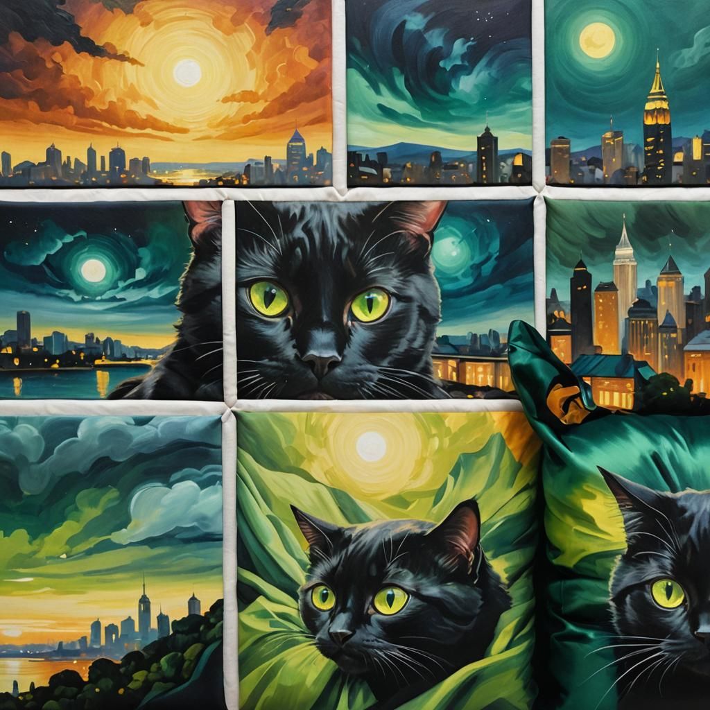 Chibi Black Cat on Emerald Silk Pillow in Oil