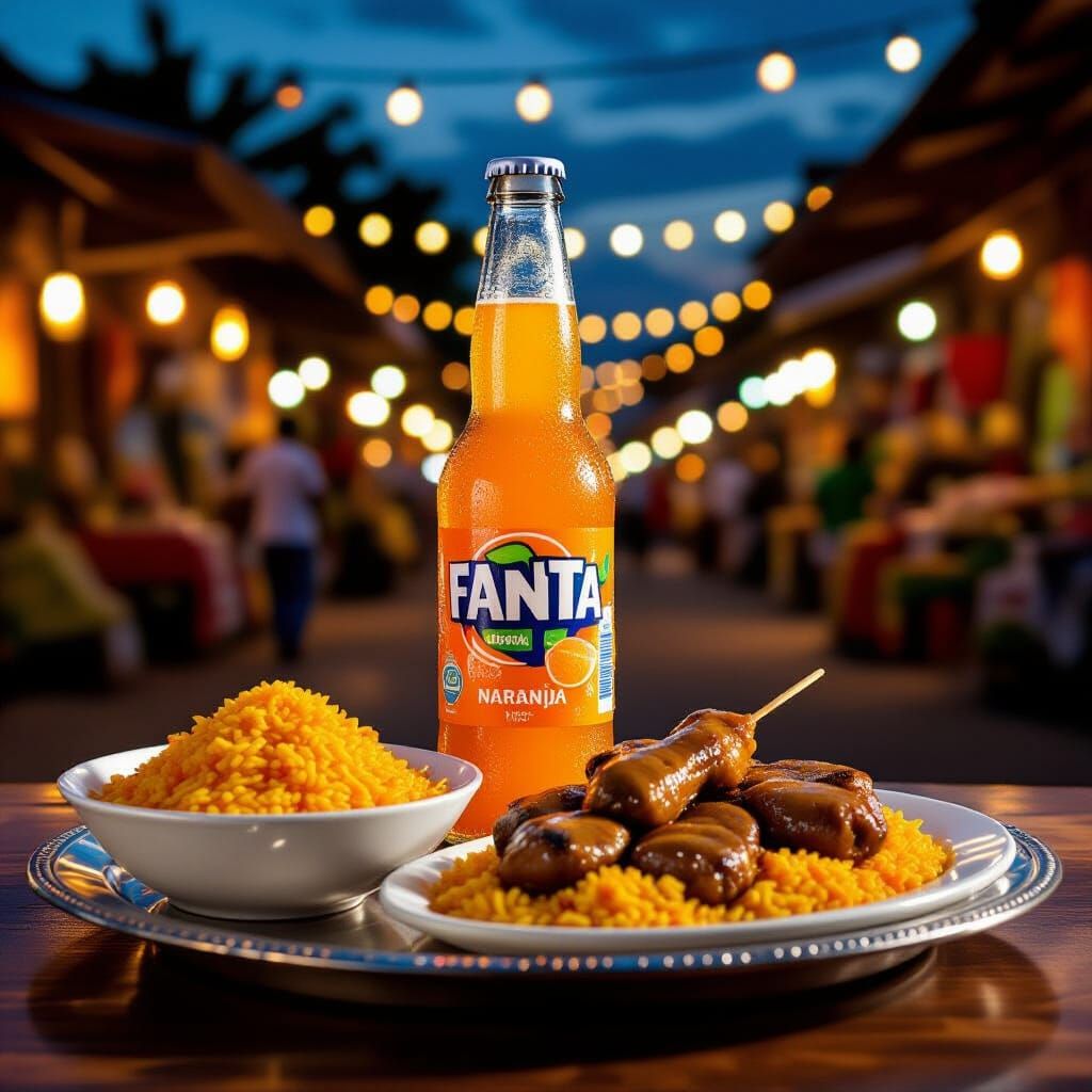 Fanta Orange Still Life with Jollof and Suya
