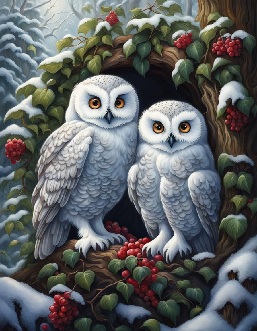 Snowy Owl Portrait in Winter Forest Oil Painting
