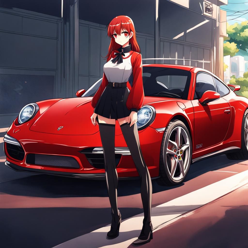 Red-Haired Girl and Porsche in Anime Style