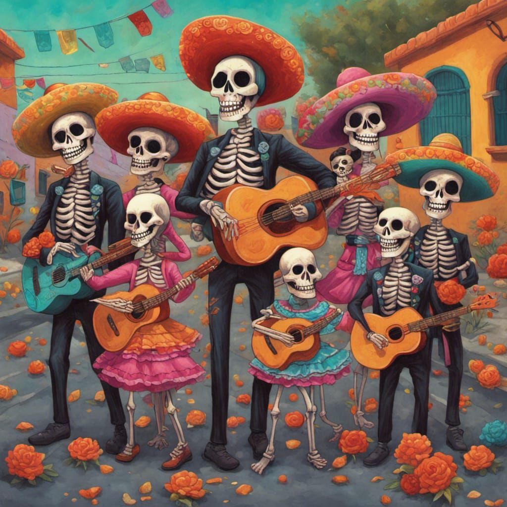 Day of the Dead Skeletons Celebrate in Street
