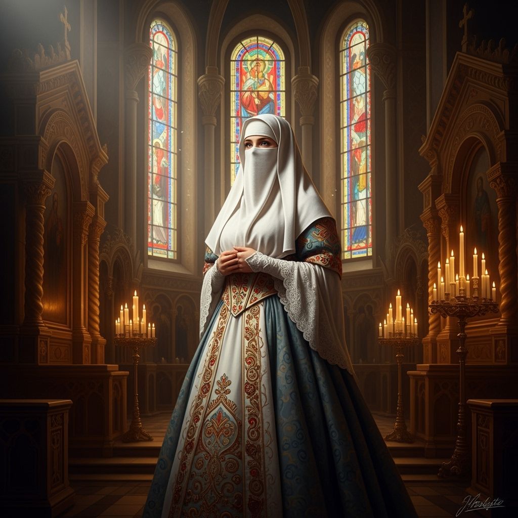 Orthodox Woman in Gown in Cathedral, Renaissance Style
