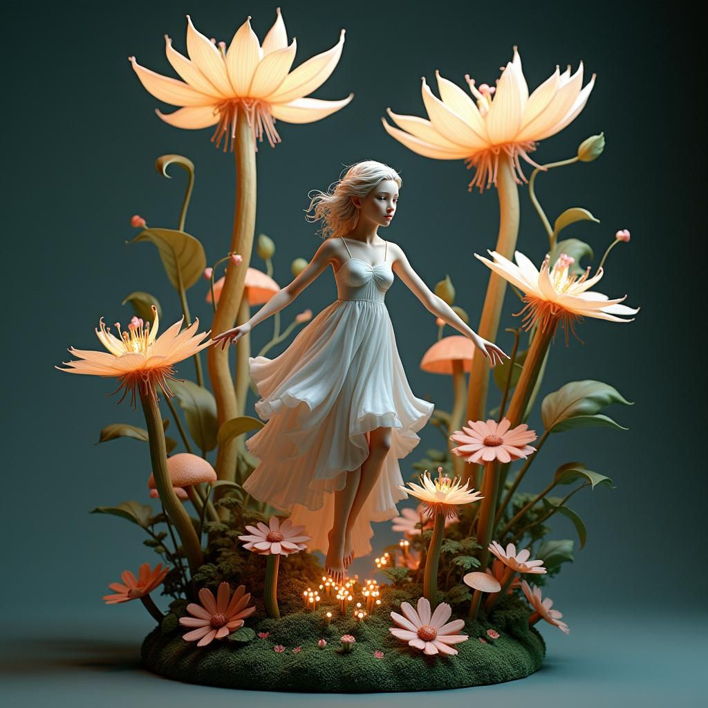 Ethereal Woman in Dreamlike Floral Sculpture