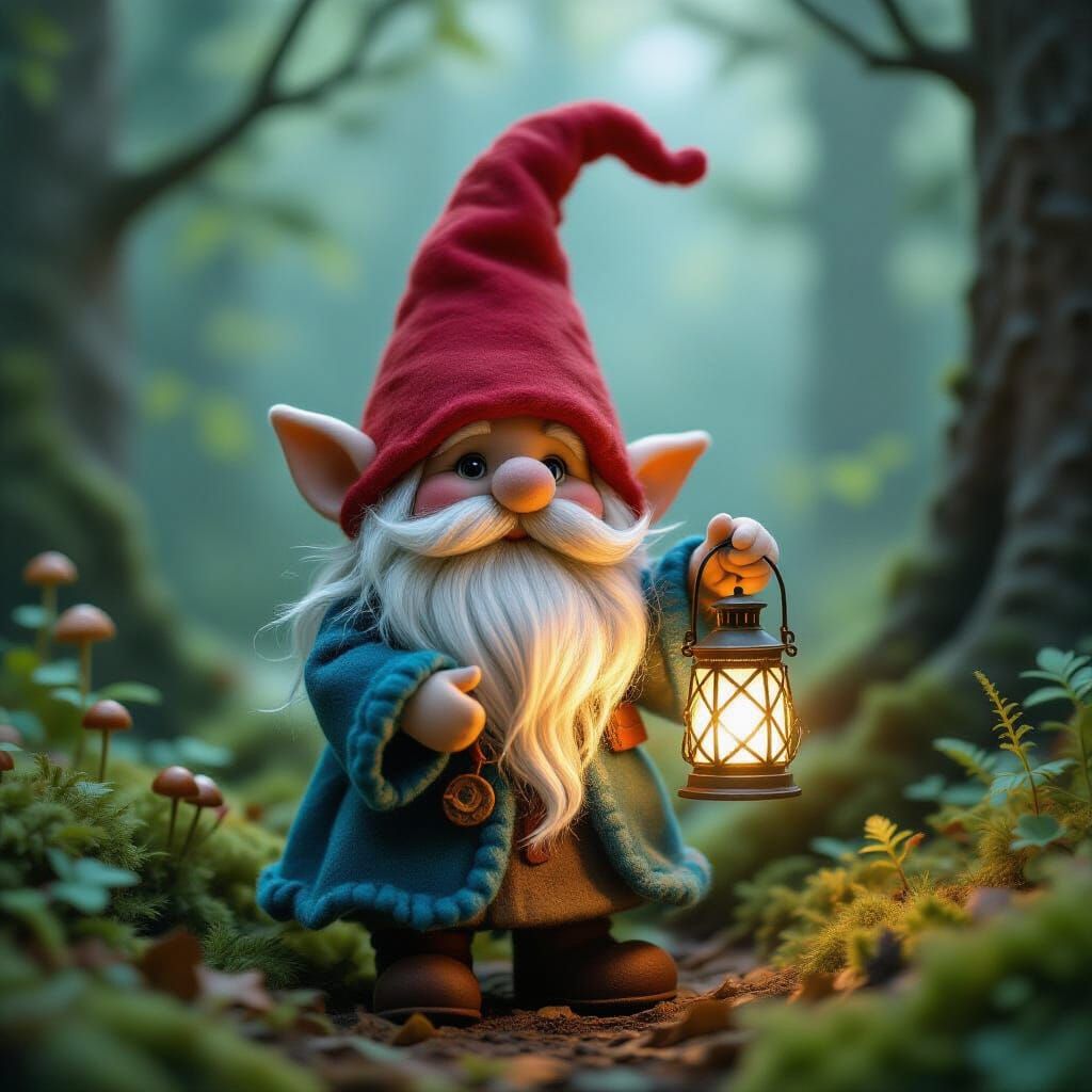 Mushroom Gnome with Lantern in Whimsical Forest