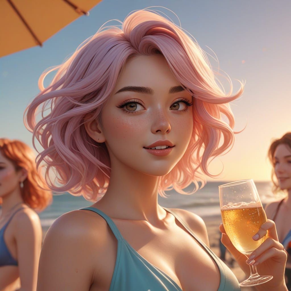 Anime-Inspired Girls Enjoy Sunset on the Beach