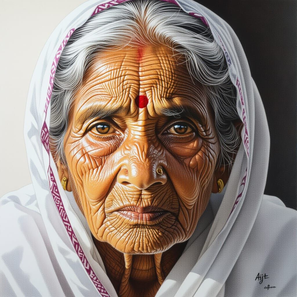 Hyper-Realistic Pencil Portrait of Elderly Indian Woman