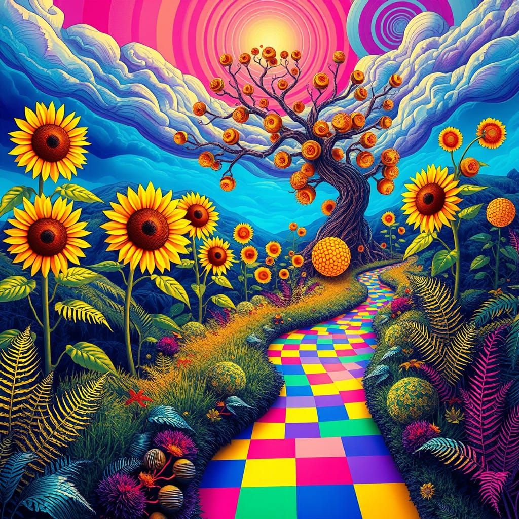 Vibrant Botanical Dreamscape in Op Art Style