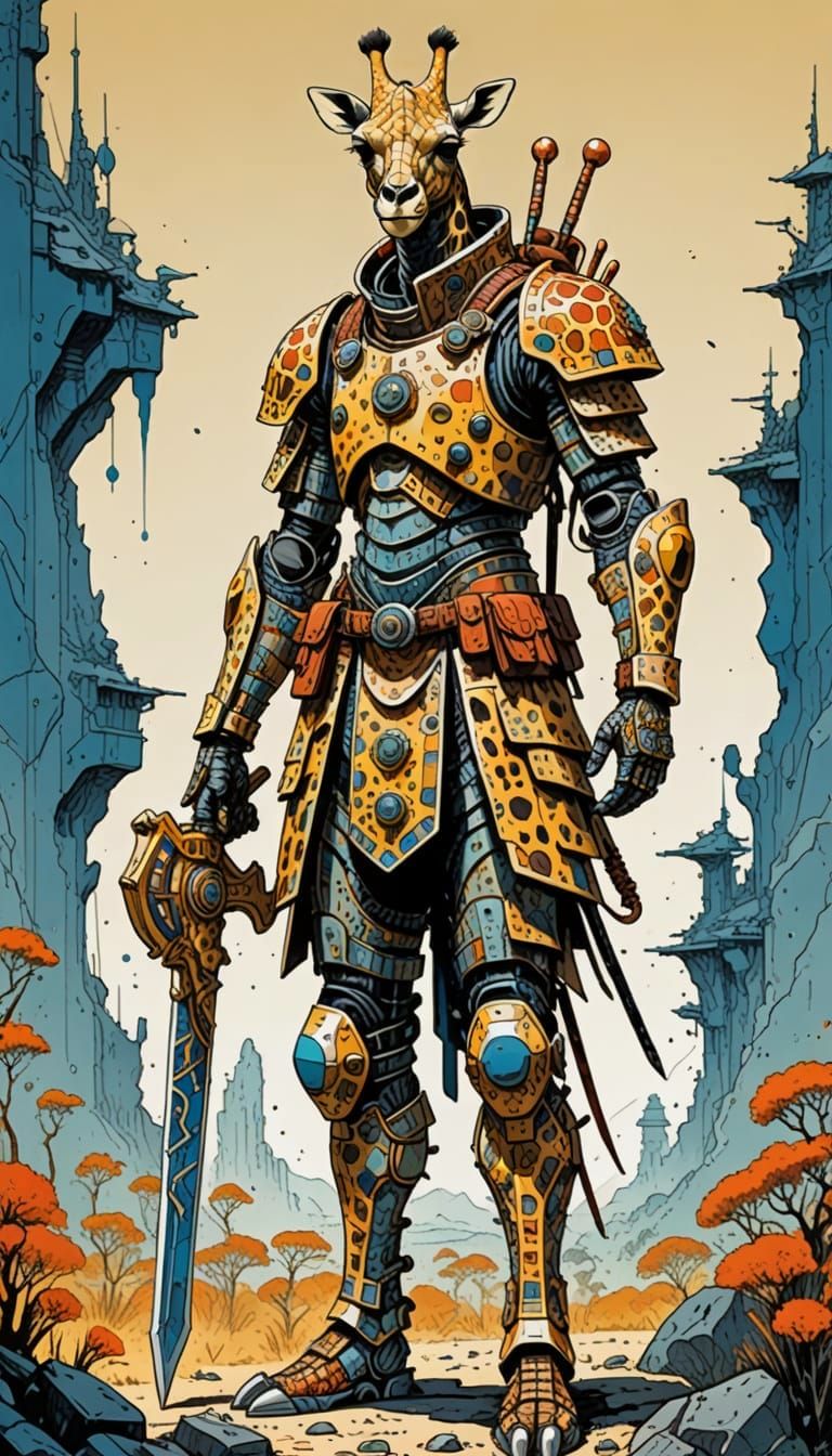 Warrior in Vibrant Giraffe-Inspired Armor