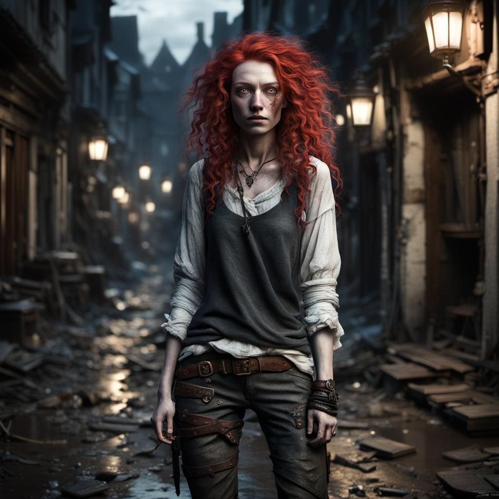 Medieval Steampunk Waif in Noir Cityscape