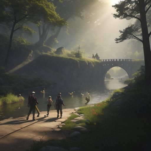 Family Hike in Sunlit Woods: Fantasy Concept Art