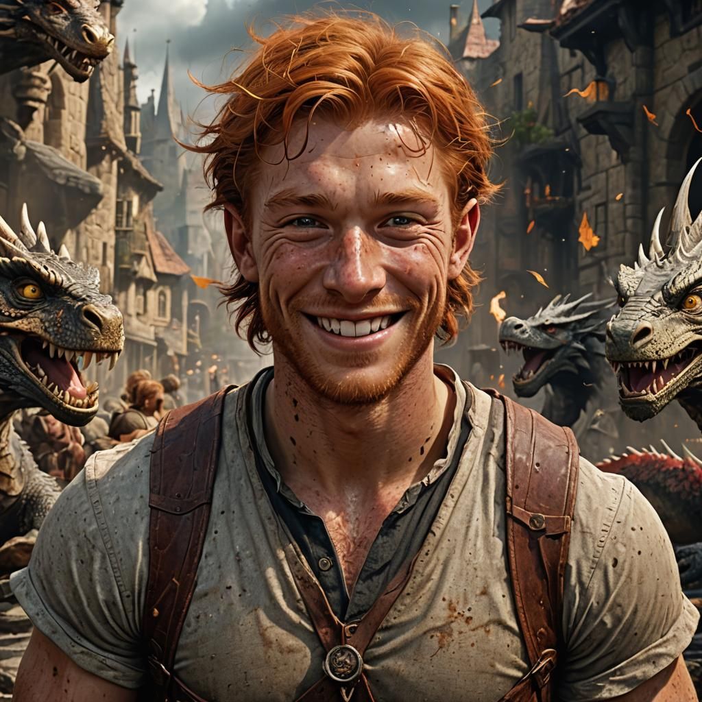 Hyperrealistic Portrait of Charlie Weasley with Dragons