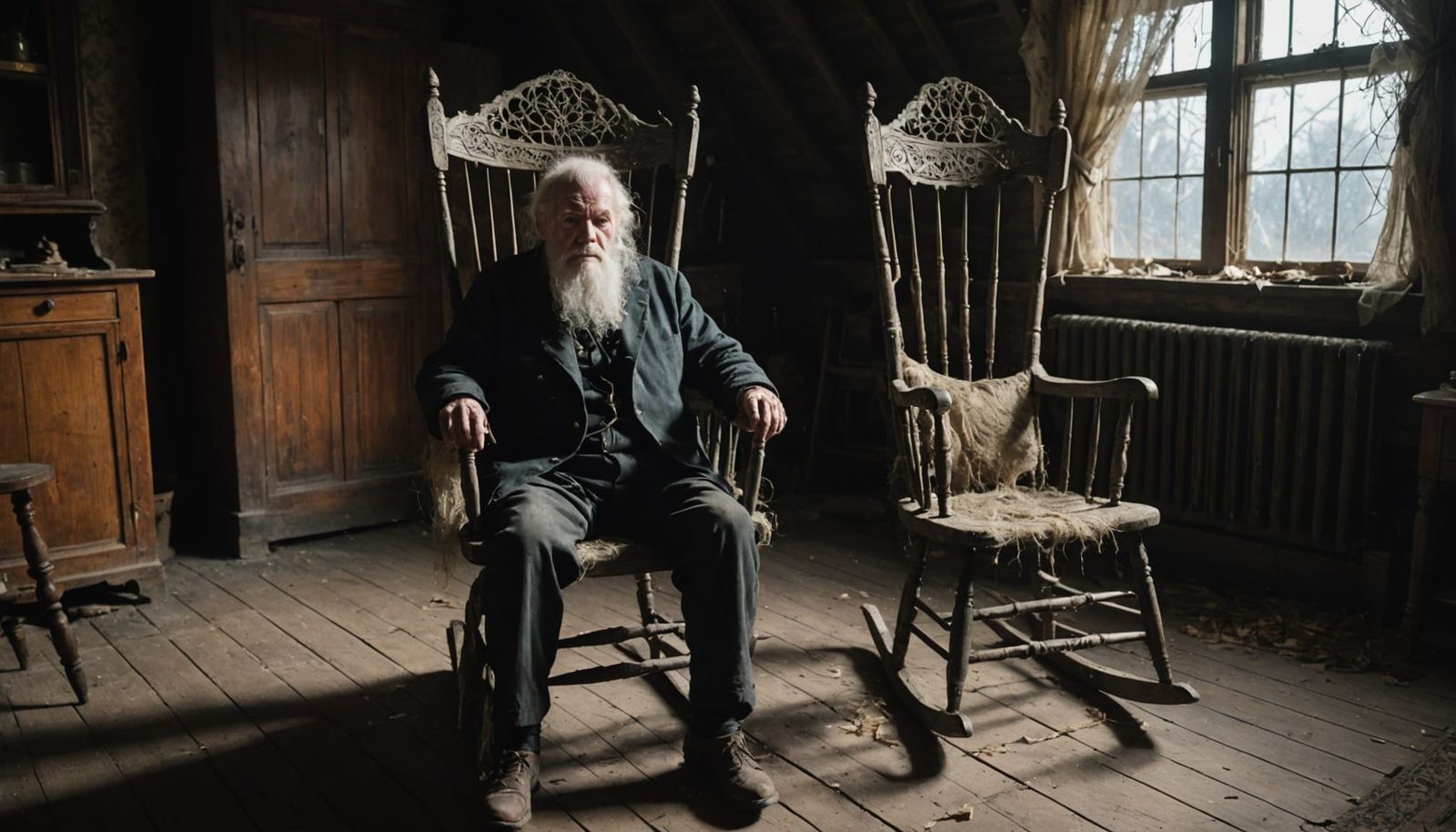 Ghostly Old Man in Cobweb-Covered Rocking Chair