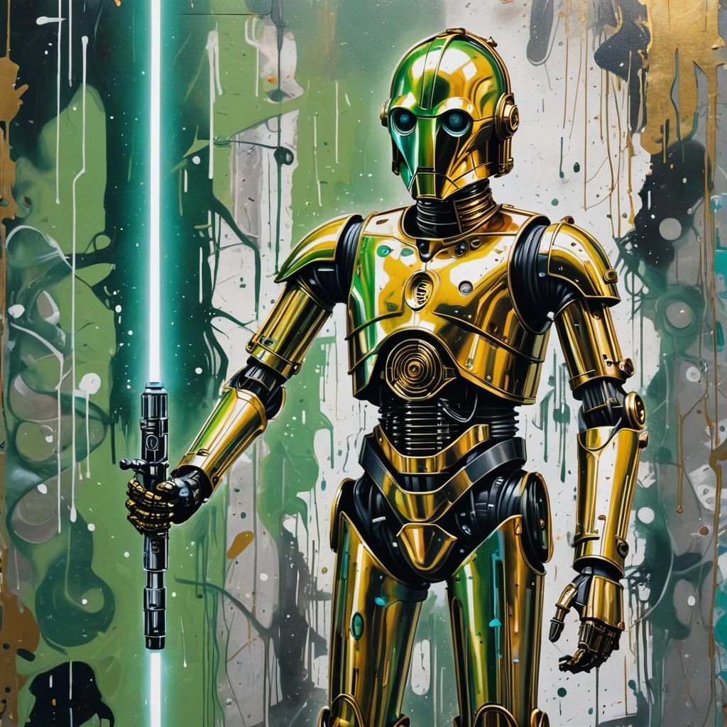 Futuristic Graffiti Protocol Droid with Lightsaber