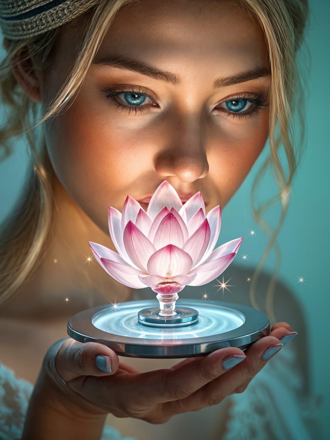 Serene Blonde Woman Contemplates Futuristic Holographic Lotu...