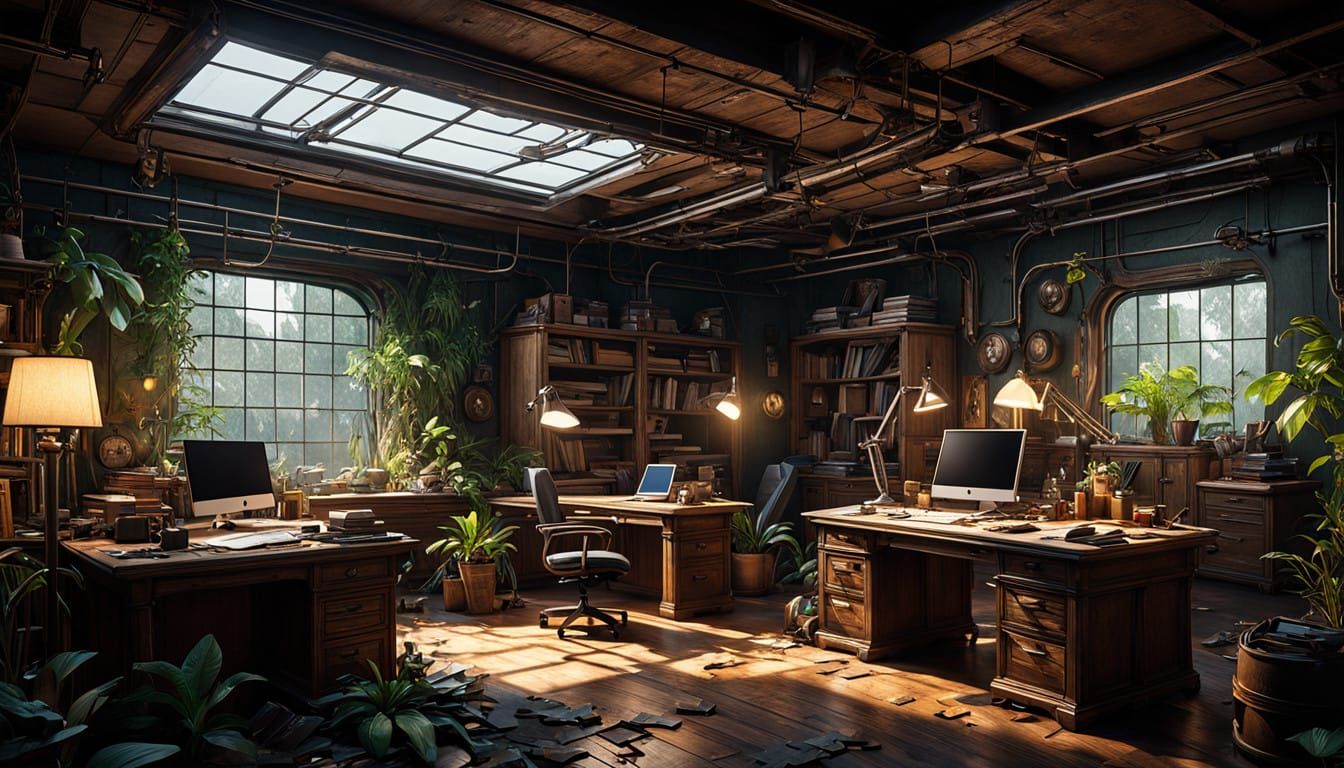 Epic Industrial Laboratory Scene with Lush Vegetation and Ri...
