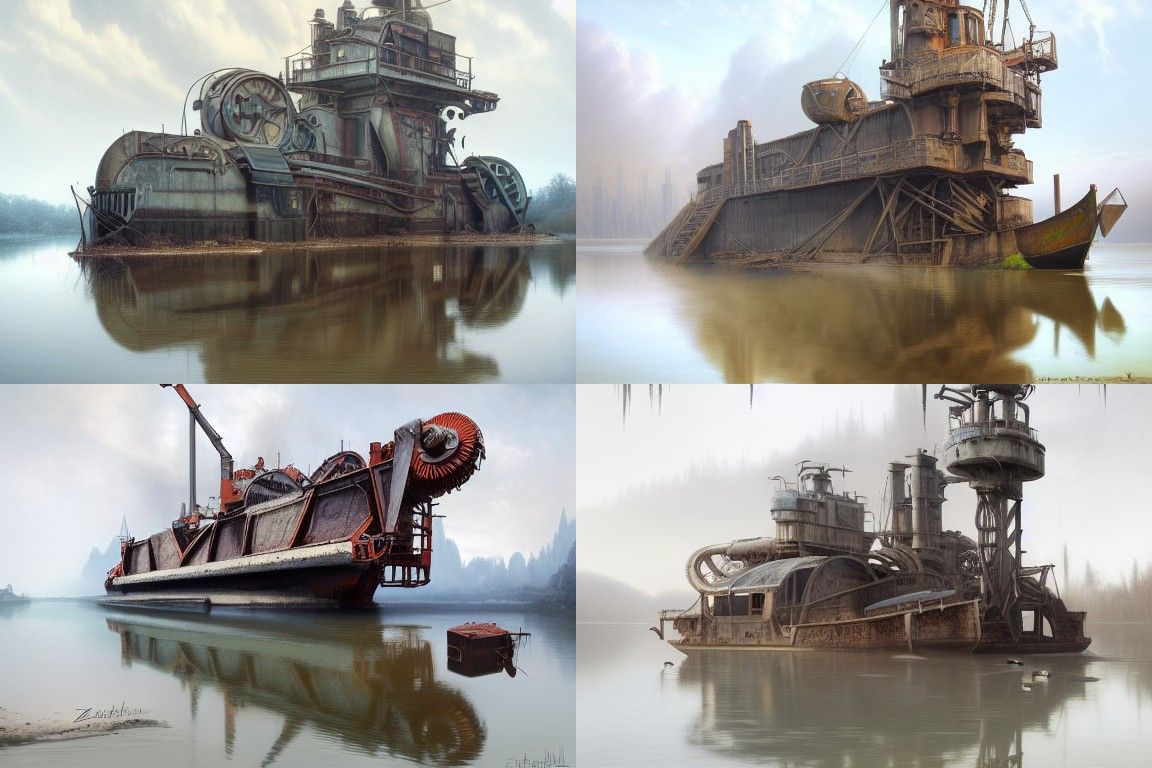 Abandoned Dredging Equipment at Misty Lake, Fantasy Art