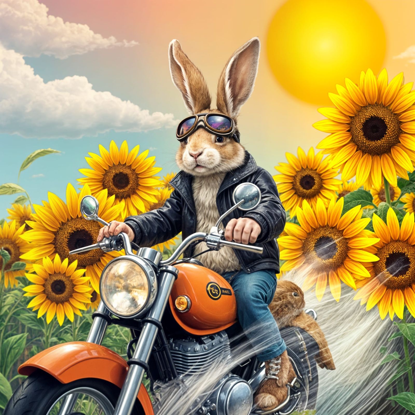 Rabbit on Motorcycle in Sunflower Field, Whimsical Art