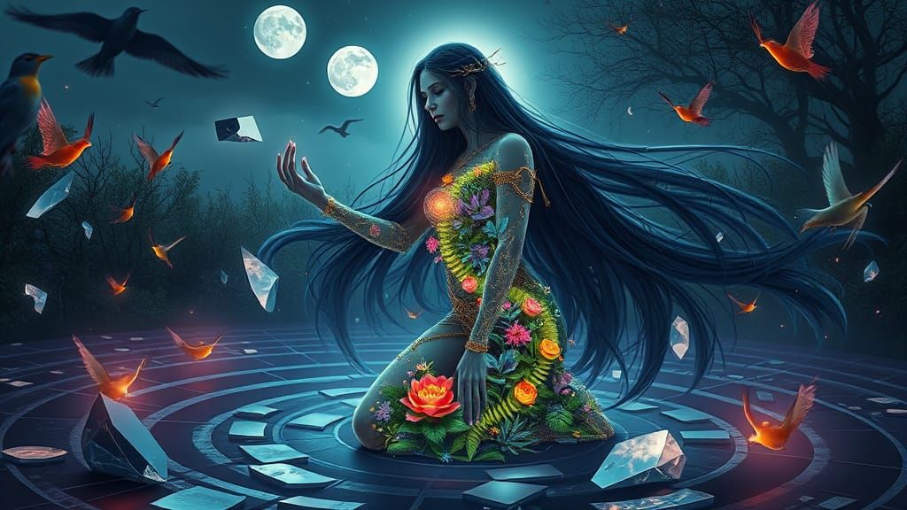 Mystical Woman in Bio-Luminescent Labyrinth with Dream Plasm...