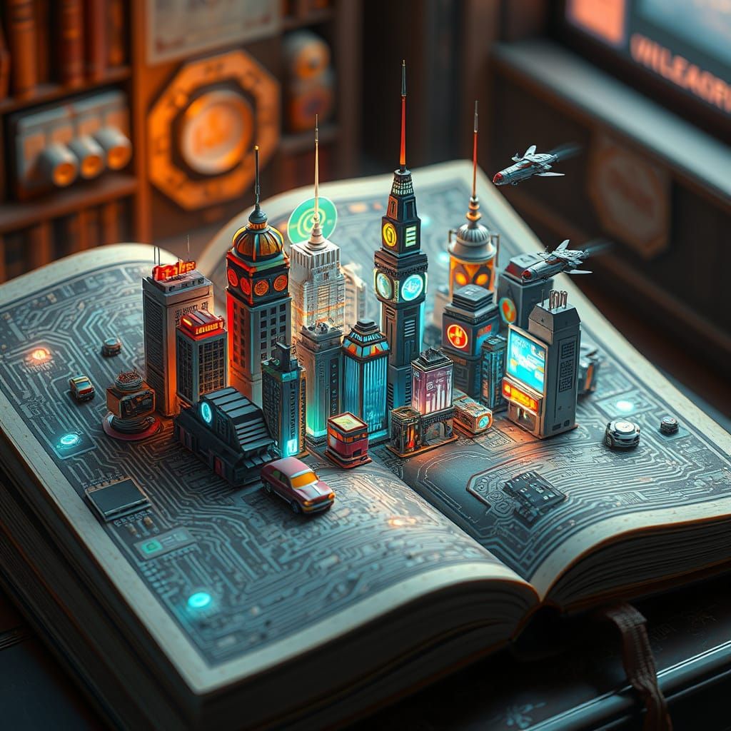 Cyberpunk Cityscape within a Magical Book