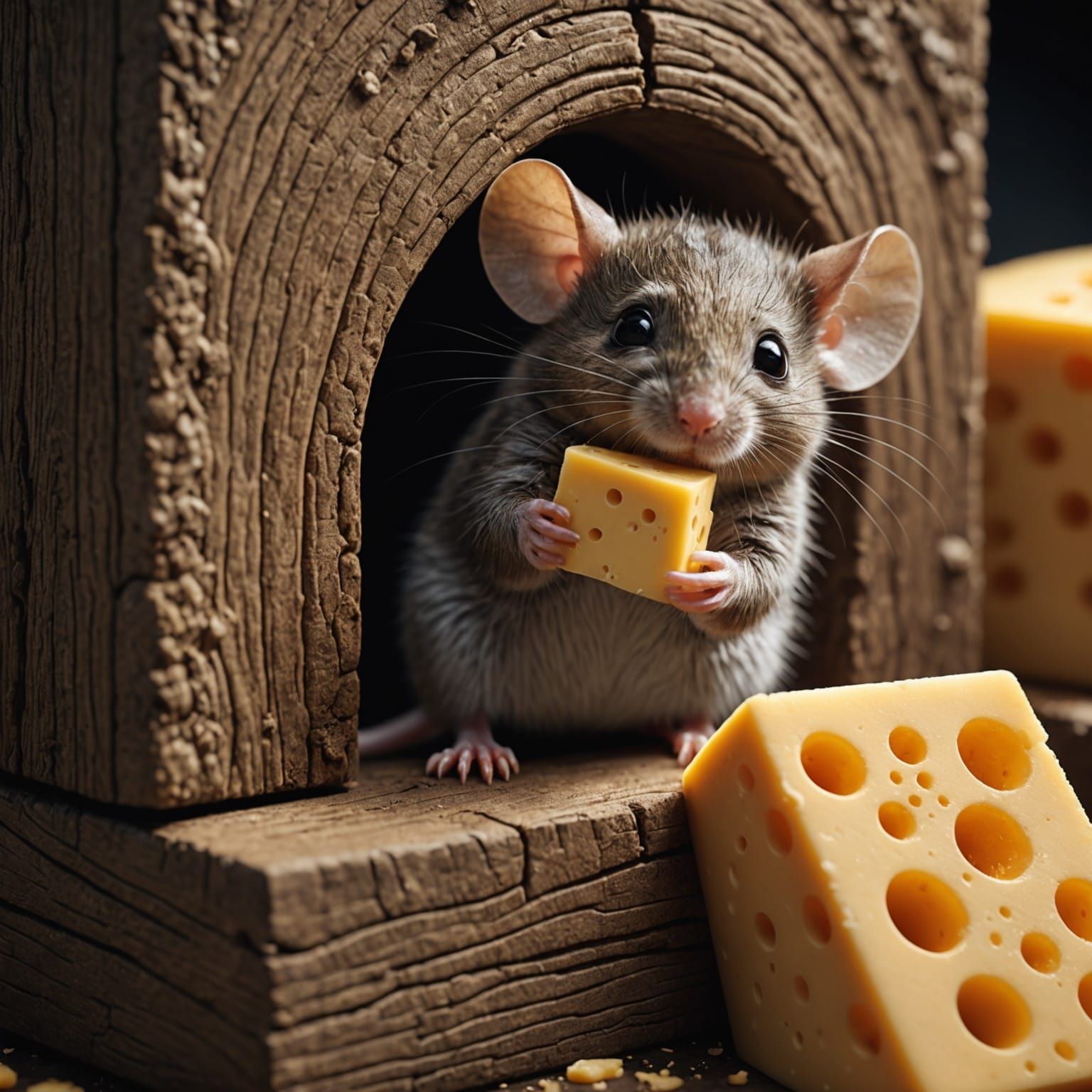 Hyper-Realistic Baby Mouse Eating Cheese Art