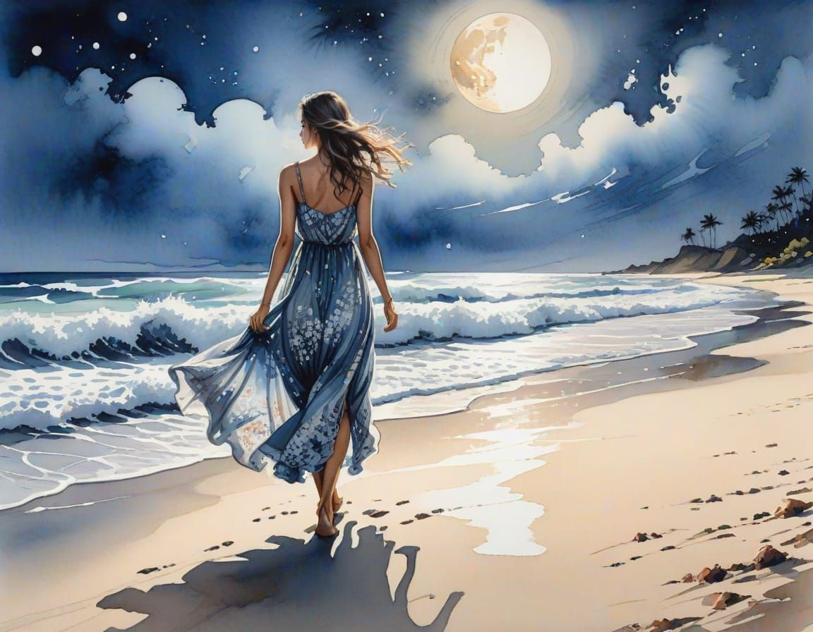 Moonlit Beach Stroll in Impressionistic Watercolor Style