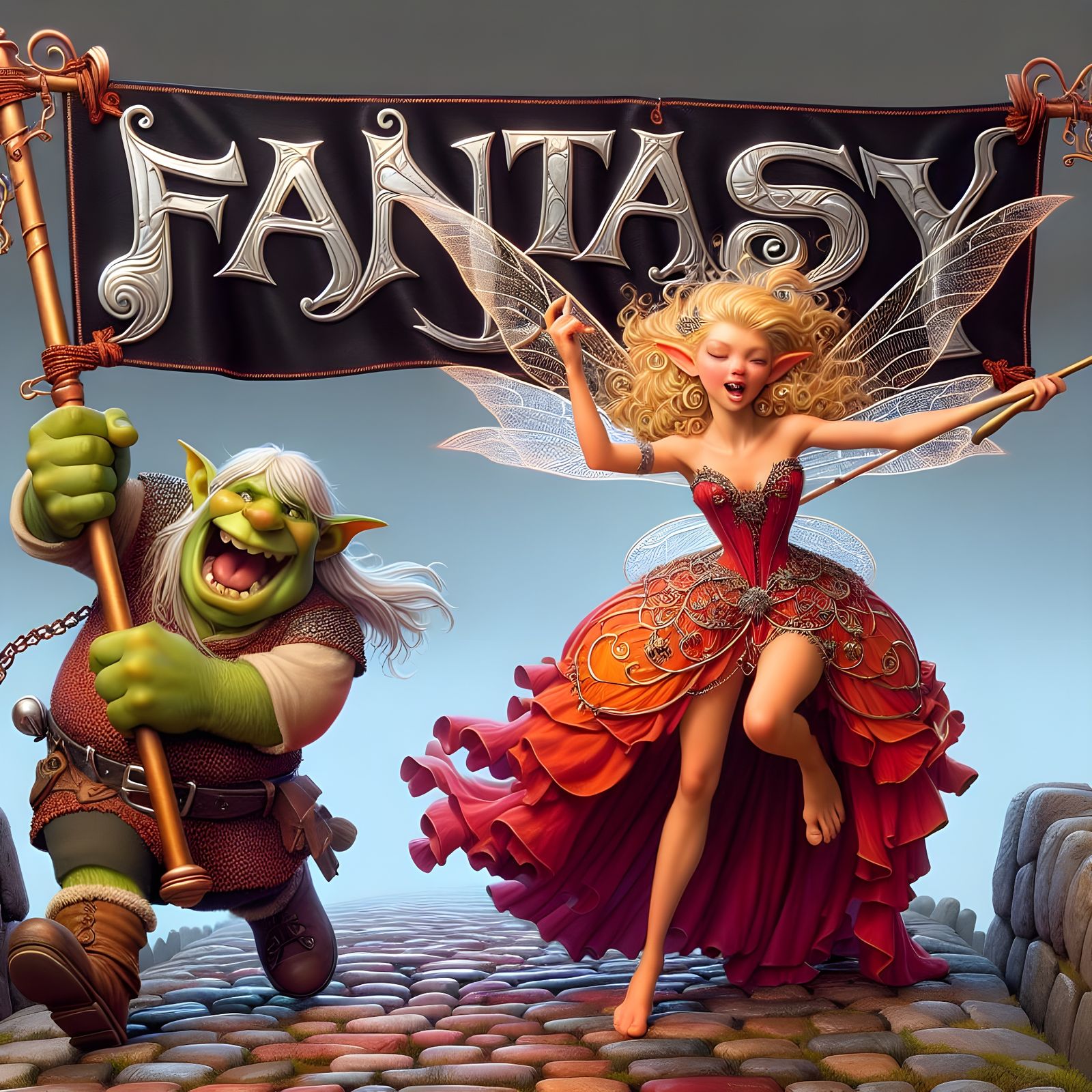 Fantasy Pixie and Orc Hold Majestic Banner in Whimsical Land...