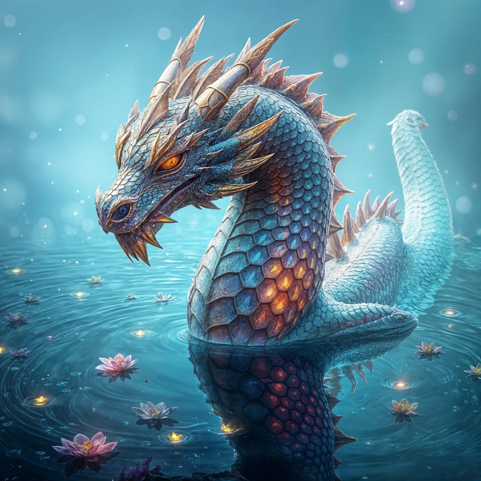Majestic Dragon Emerging from Enchanted Lake in Iridescent S...