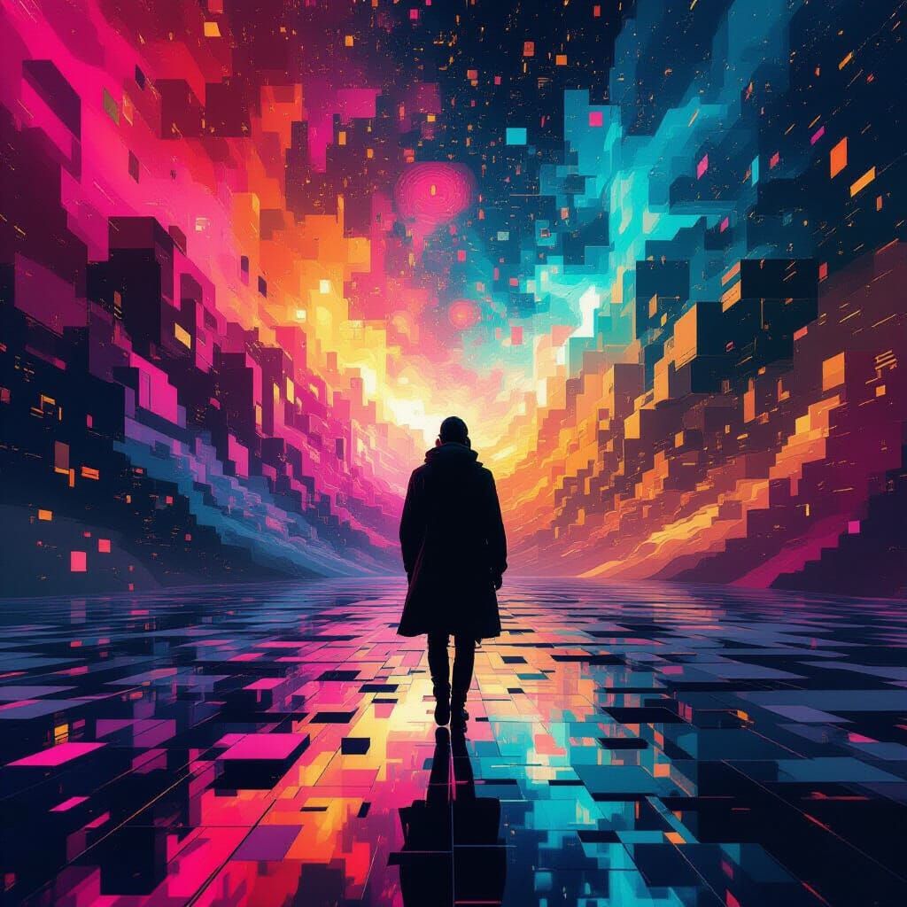 Fragmented Pixel Figure in Swirling Nebula