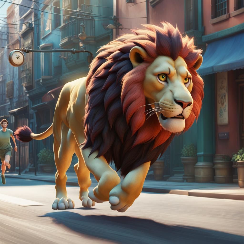 Man Runs Past Lion in 3D Digital Art