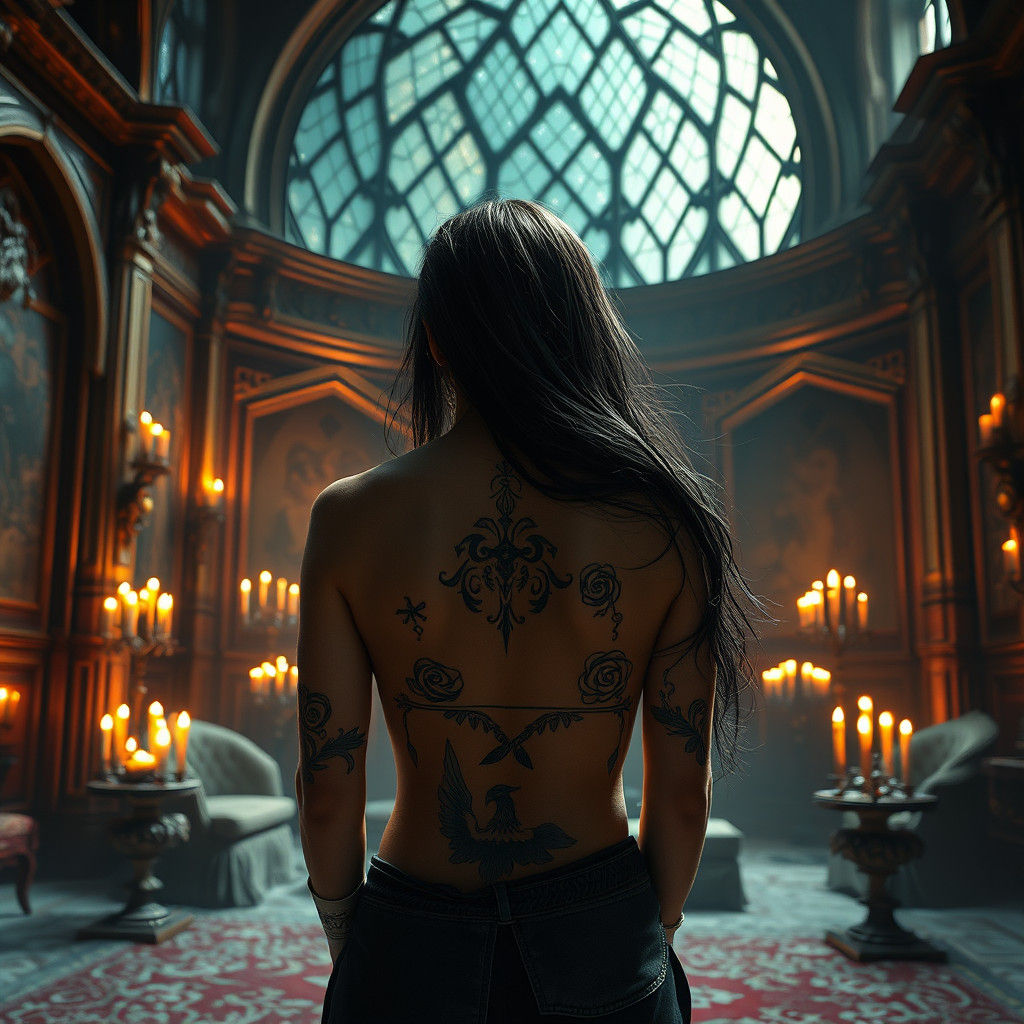 Castle Reflection: Woman with Tattoos in Chiaroscuro
