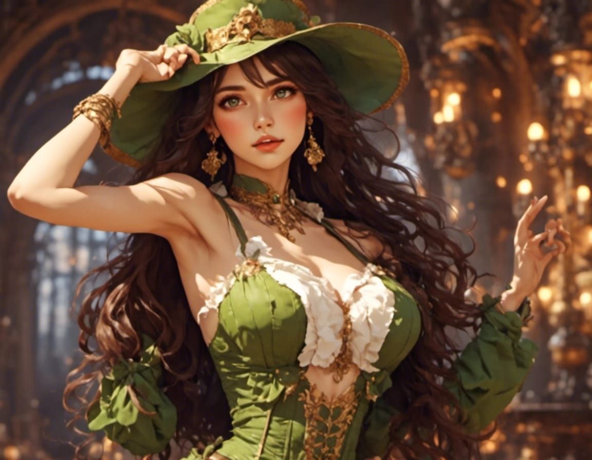 Brunette with Green Bra and Hat