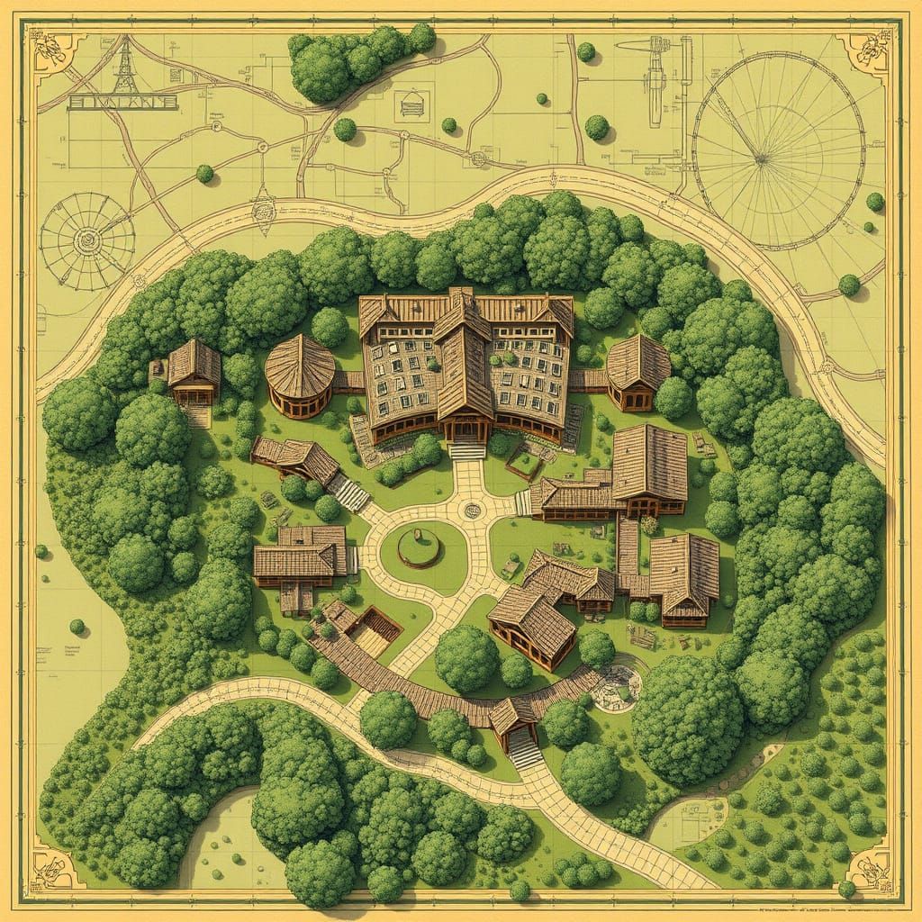 Art Nouveau Solarpunk Ecovillage Overhead Plan