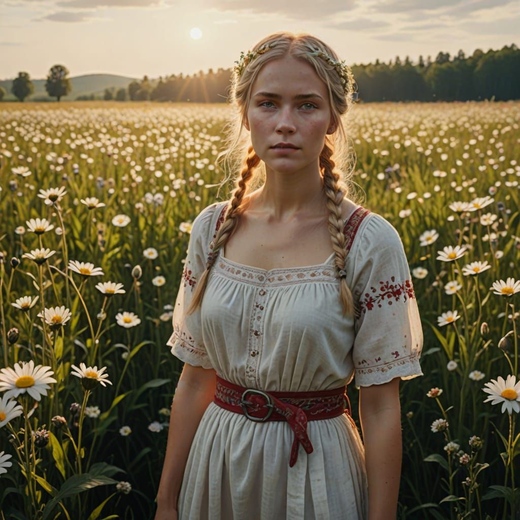 Ethereal Latvian Maiden in Sun-Drenched Meadow