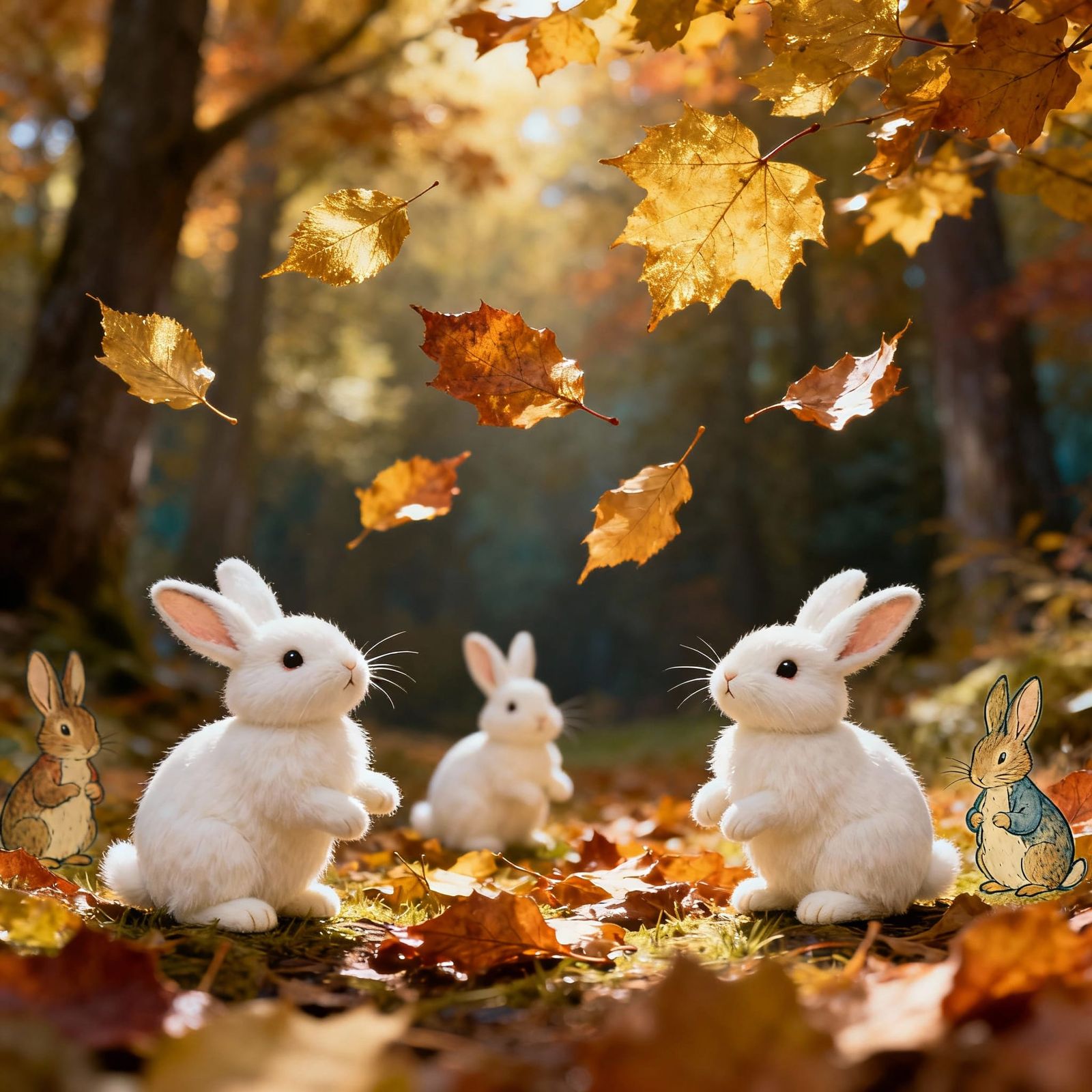 White Rabbits Scattering Golden Autumn Leaves in Forest