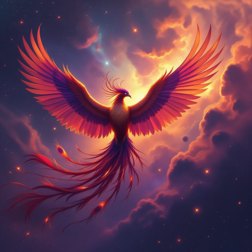 Majestic Phoenix Soaring Through Cosmic Nebula