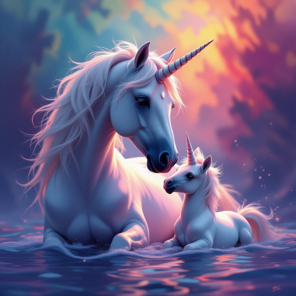 Mother and Baby Unicorns in Hyperrealistic Splash Art