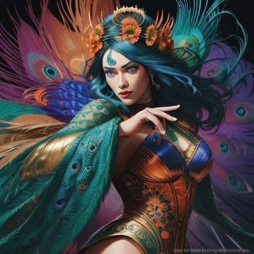 Peacock Woman Portrait in Comic Book Style