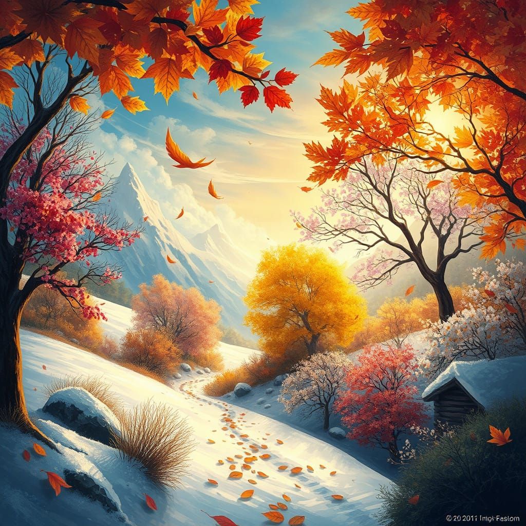 Vibrant Dreamlike Landscape of 4 Seasons in Cyberpunk Style