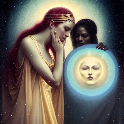 Sun and Moon Goddess Embrace in Cosmic Art