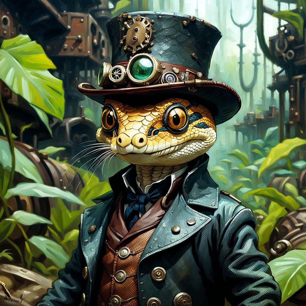 Steampunk Snake in Junkyard Jungle, Oil Painting