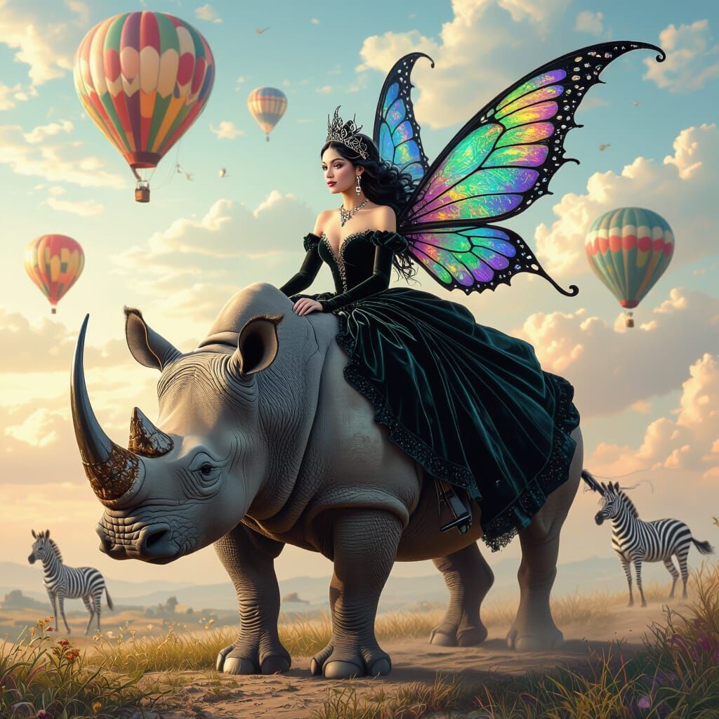 Black Fairy Queen Riding Winged Rhinoceros