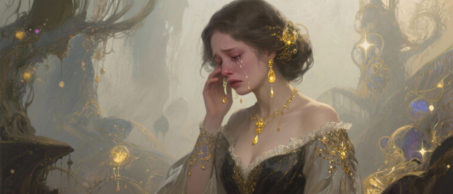 Woman Crying Golden Tears in Mystical Setting