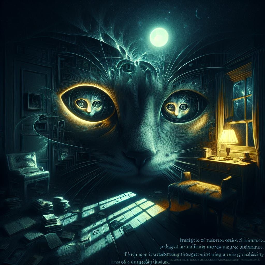 Eerie Moonlight Cat: Unsettling Gaze in Surreal Room