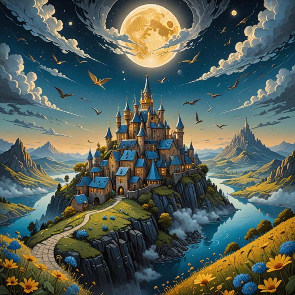Surreal Eye and Cloud Castles Landscape in Blue and Gold