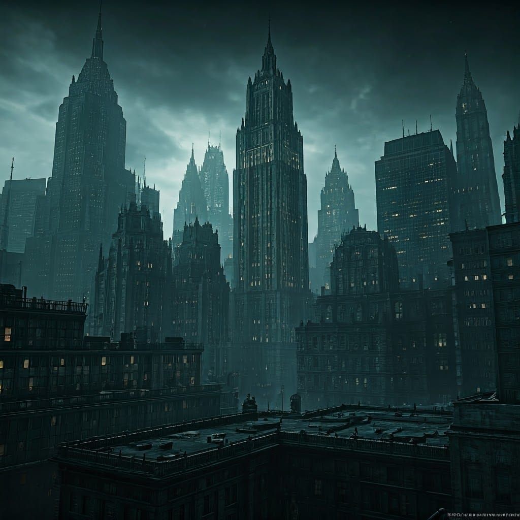 Gothic Gotham Cityscape in Photorealistic Watercolor