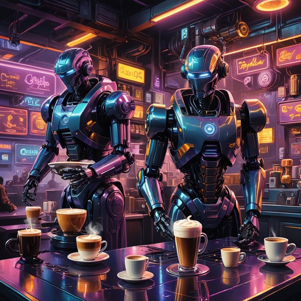 Robots Serve Coffee in Neon Cyberpunk Cafe